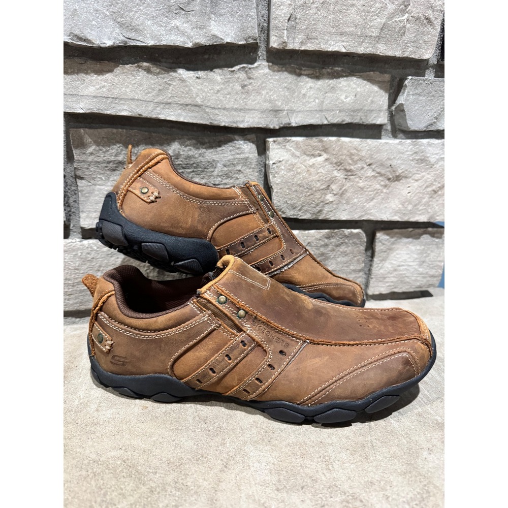 Skechers Mens Relaxed Step Brown Leather Slip On Loafers 61779 Size 10.5